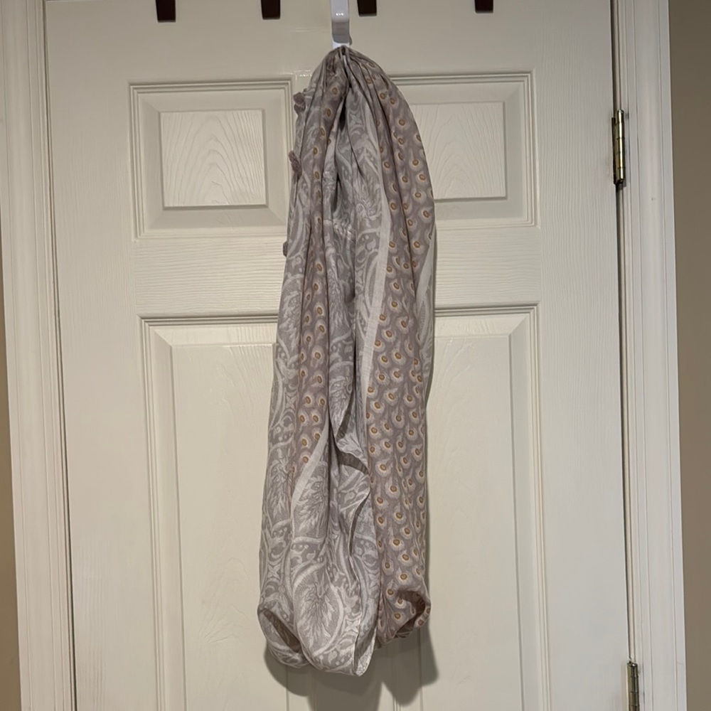Loft Gray, Purple and Gold Patterned Scarf with Tassel Detail